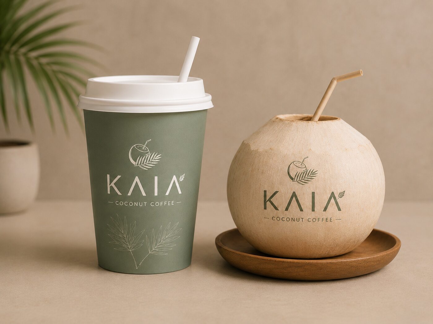 A sage-green KAIA takeaway cup beside a whole coconut with a bamboo straw