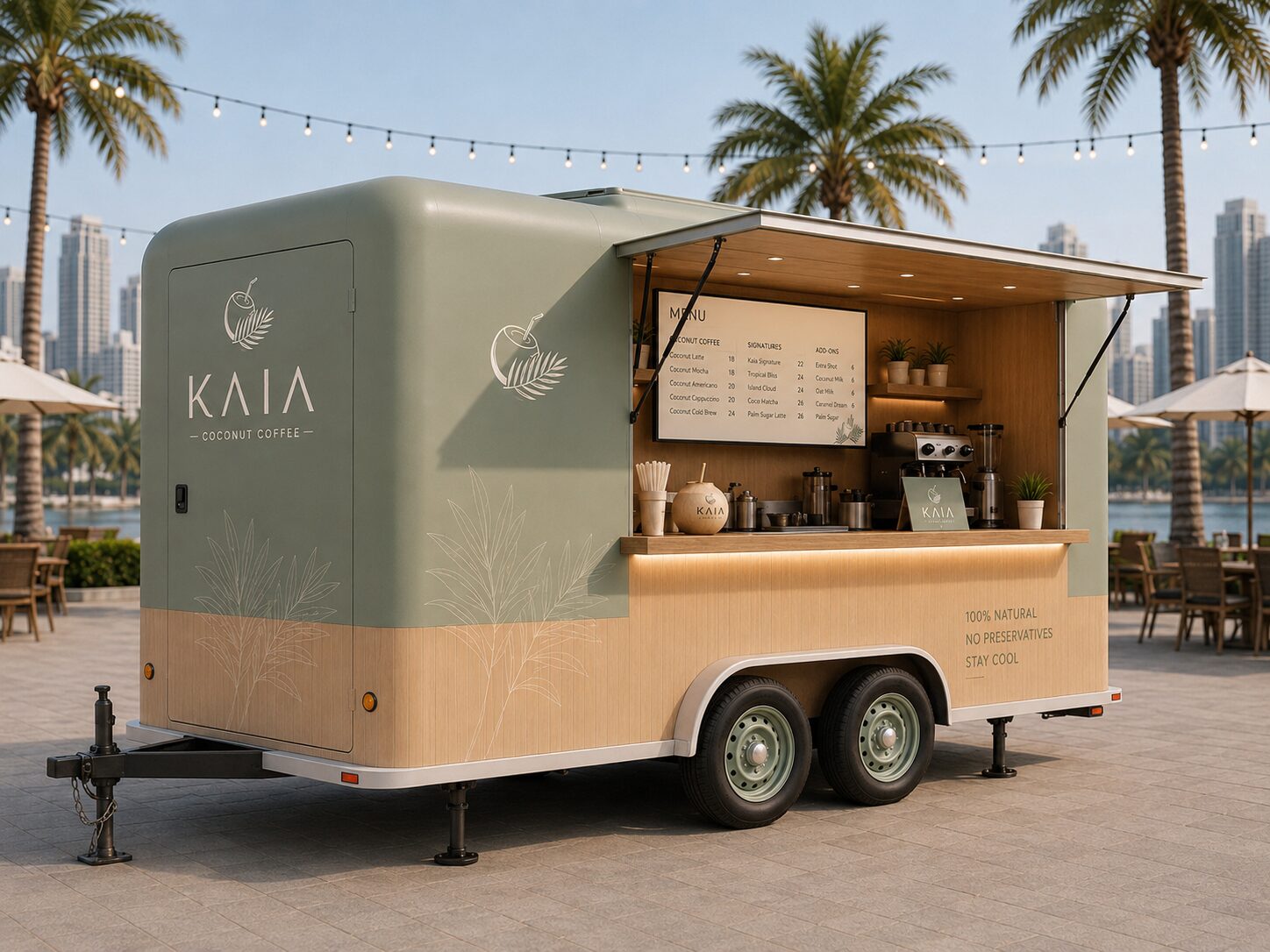 The KAIA truck with its service window open and the menu board lit