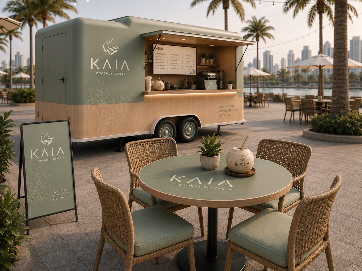 Rattan chairs and a sage table set out beside the KAIA truck at dusk
